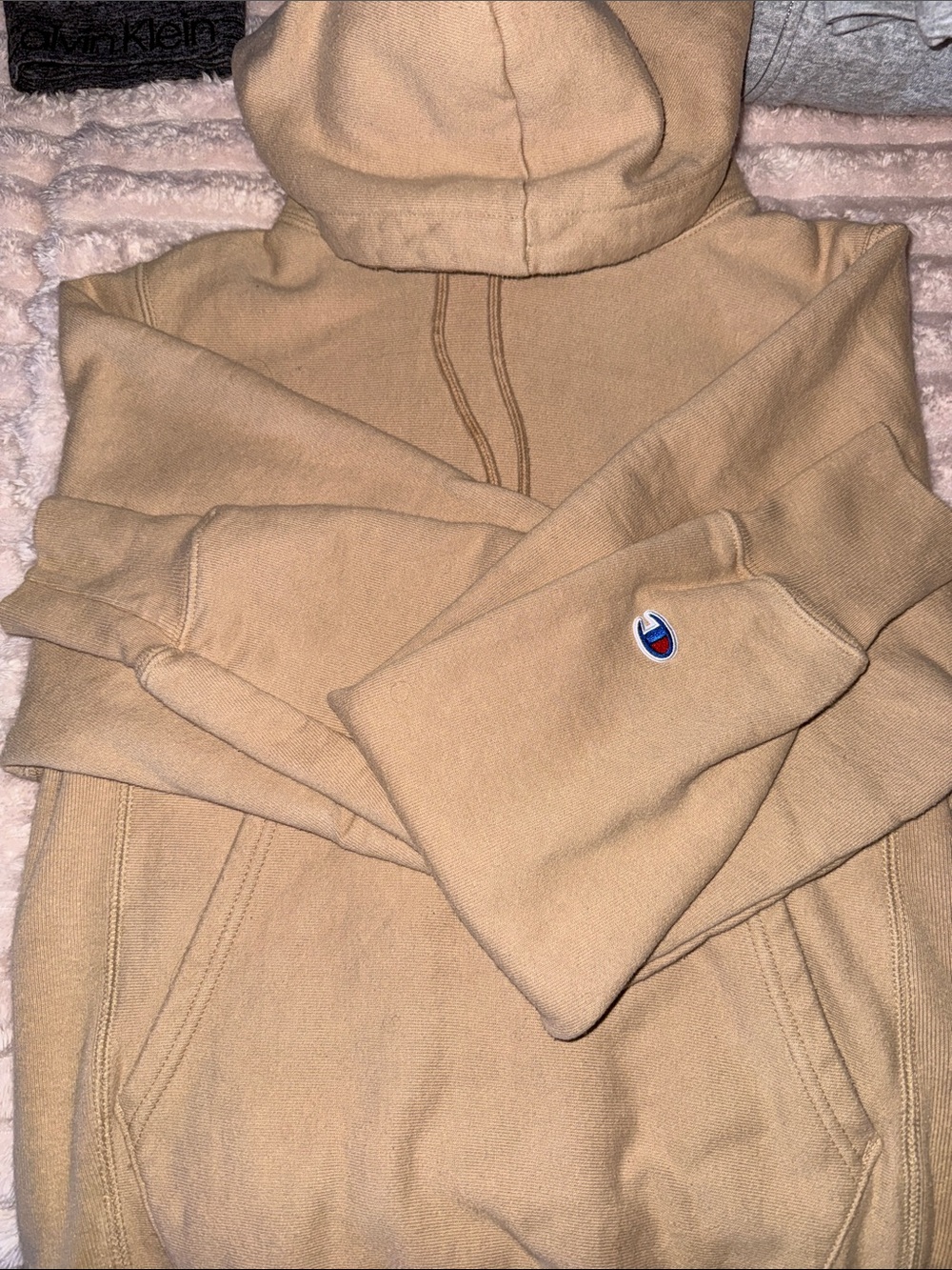 Champion Men’s Beige Crewneck Hoodie with Sleeve Logo